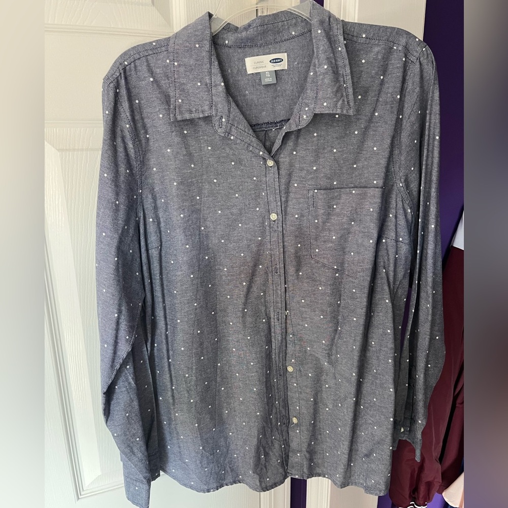 Dark Grey Button Down Old Navy Top with White Polka Dots